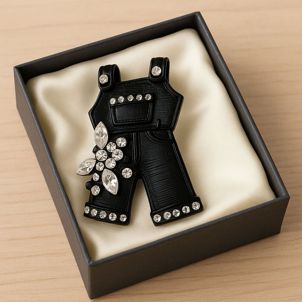 Black Overalls Brooch Pin Metal Crystal Clear Rhinestones Bling Fashion RARE